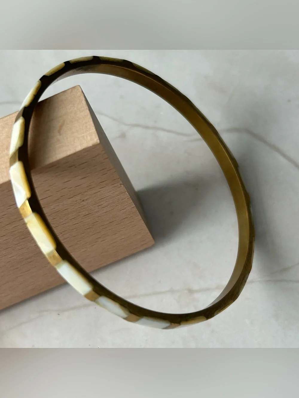 Abalone Mother of Pearl Gold and White Inlay Bangle Bracelet